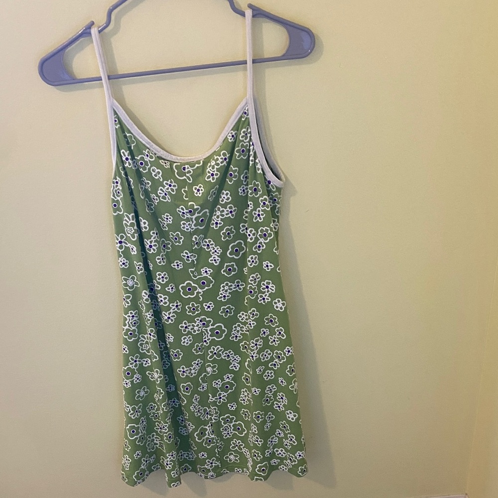 UNIF Green Slip Dress with White Trim and Floral Accents - Picture 4 of 4